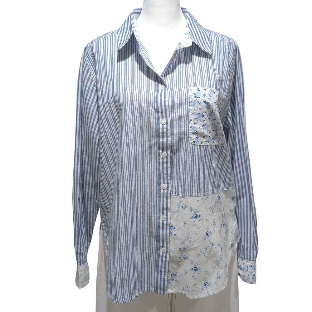 Lucky Brand x Laura Ashley Blue White Striped Floral Patchwork Button Down Shirt